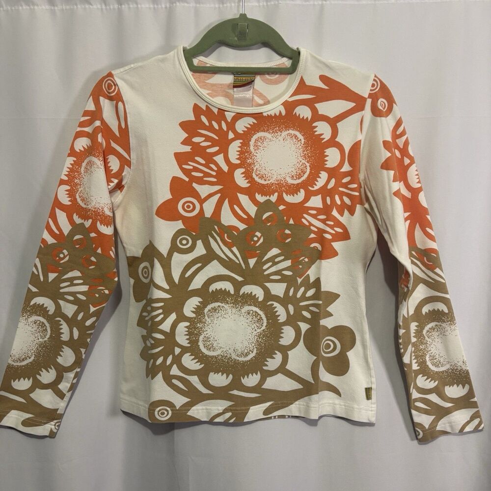 Oilily Floral Long Sleeve Cotton Crew Neck Tee White Orange Tan Size L Y2K Artsy
